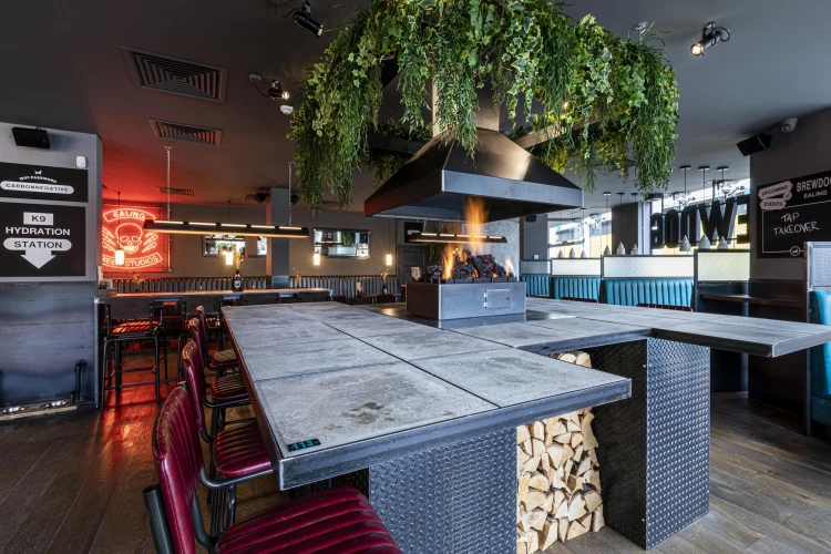 fire retardant plants hanging in a restaurant